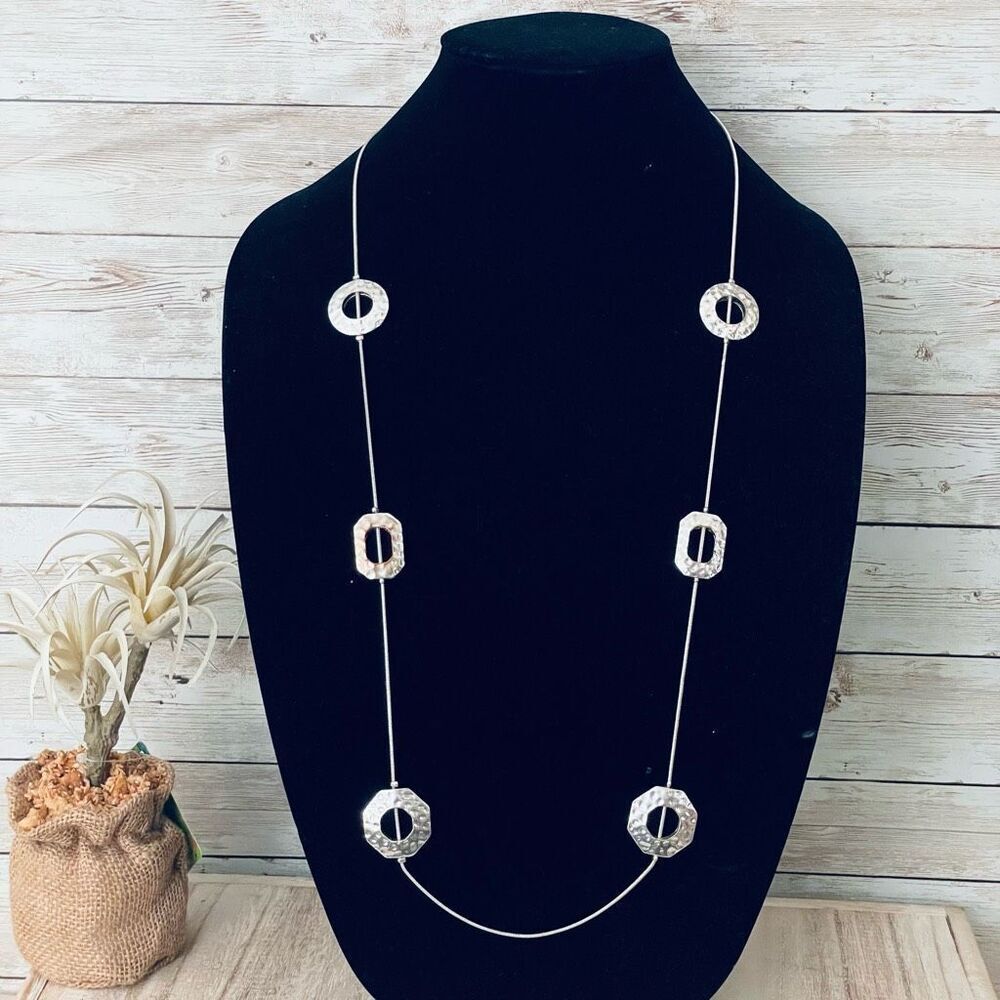 NINE WEST  Long Silver Shiny Geometric Shapes Necklace